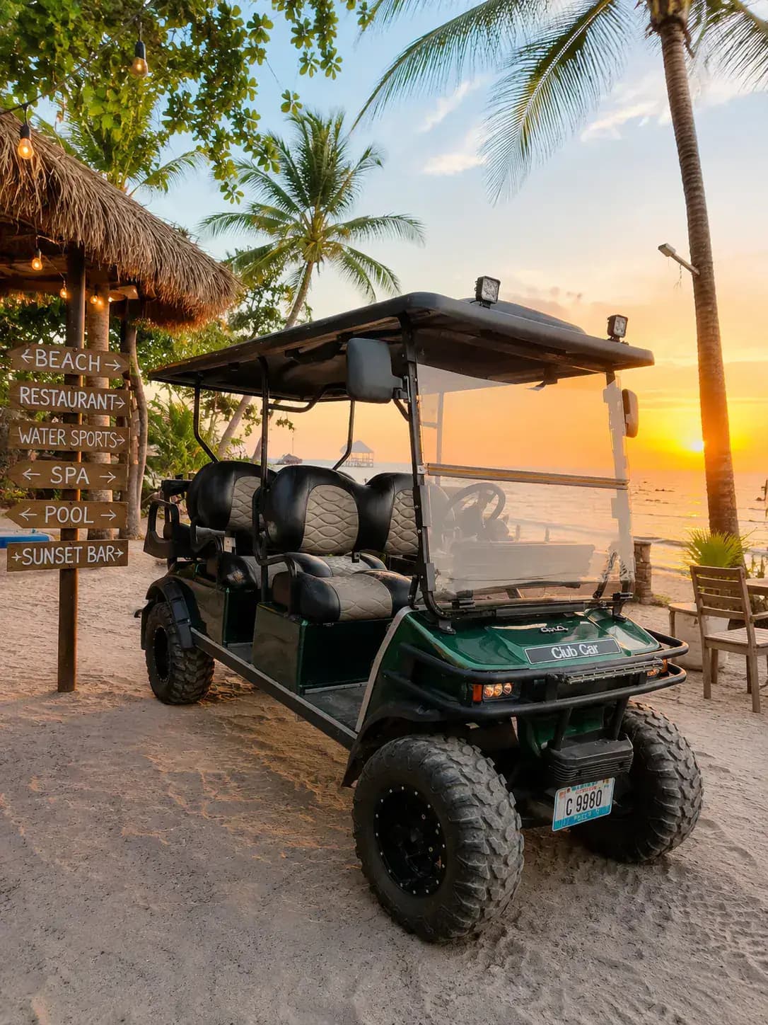 Six-seater golf cart ready for group adventures in Belize