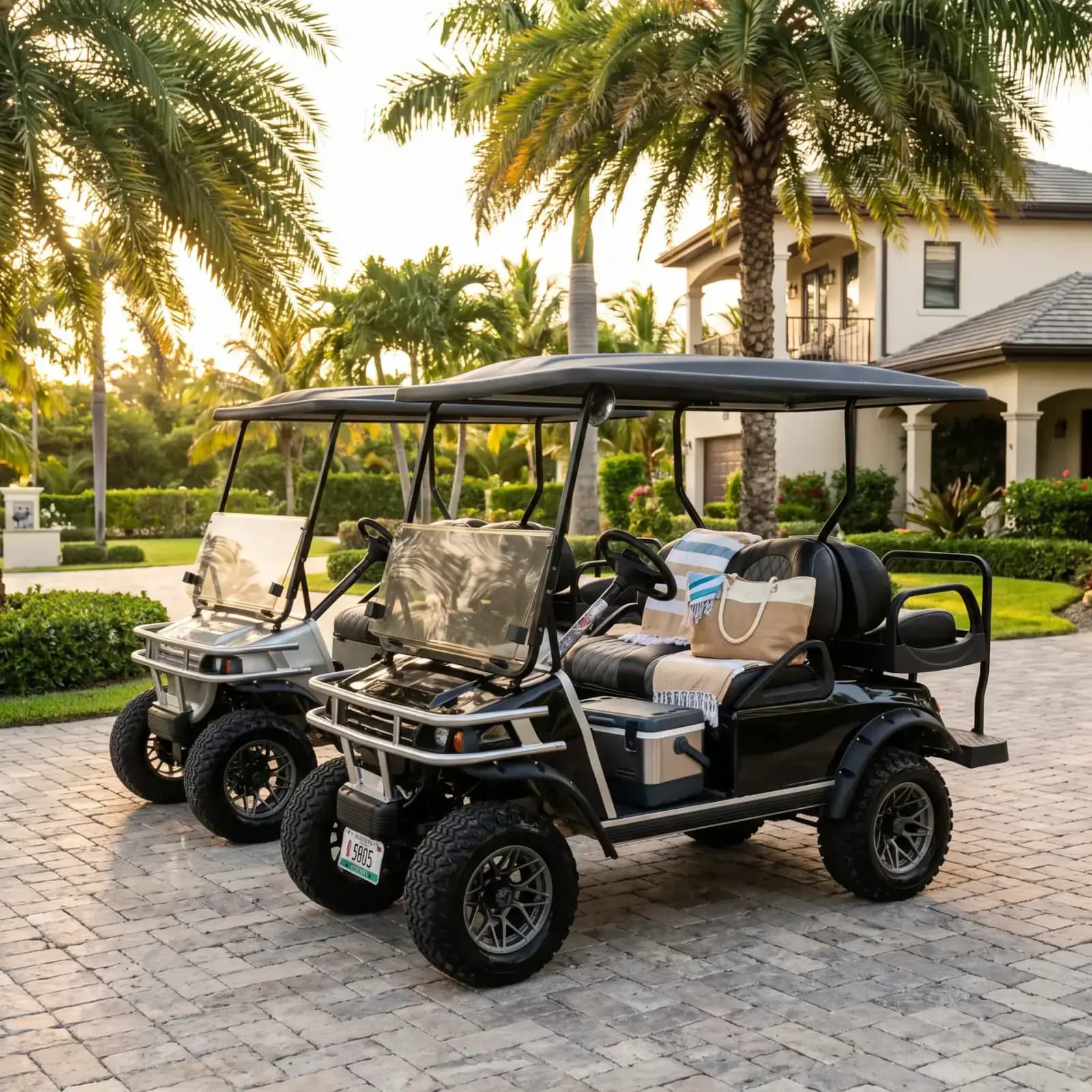 Golf cart cruising San Pedro at golden hour