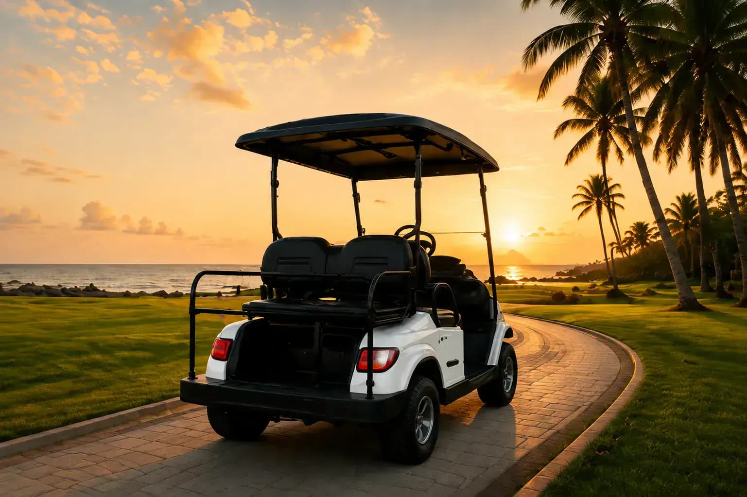 Golf cart cruising a tropical resort path at golden-hour sunset